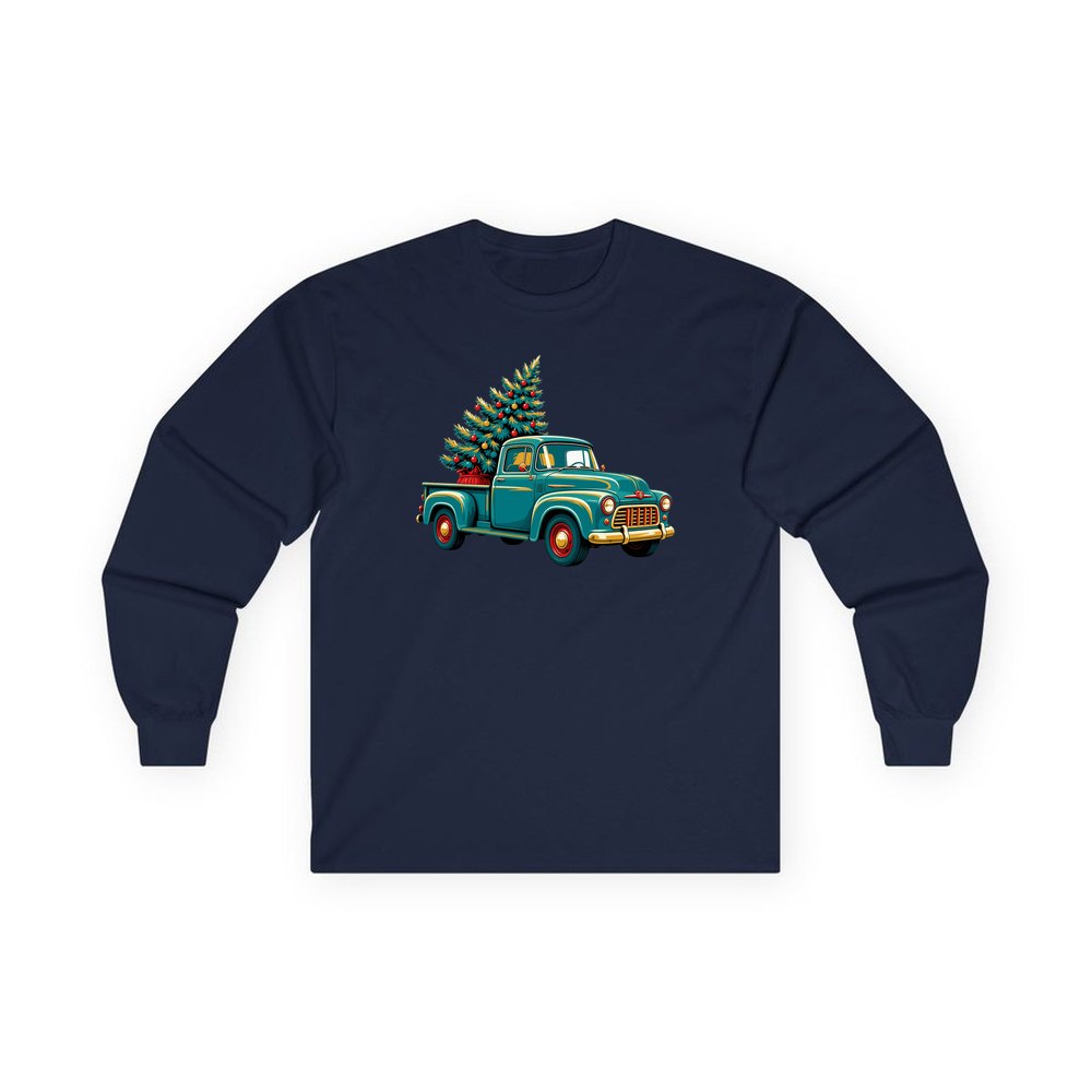 Retro Pickup With Christmas Tree personalised long sleeve Christmas T-shirt in navy