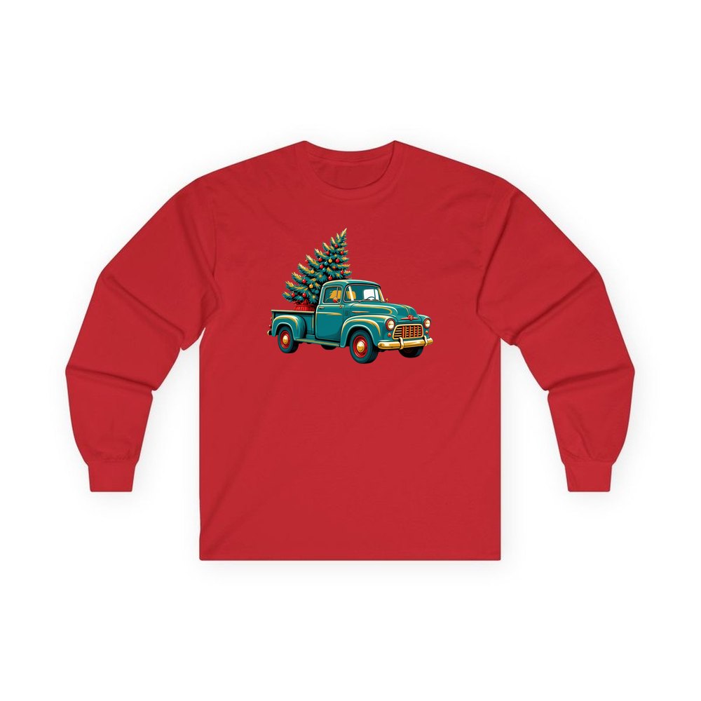Retro Pickup With Christmas Tree personalised long sleeve Christmas T-shirt in red