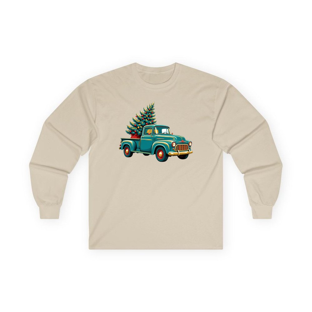 Retro Pickup With Christmas Tree personalised long sleeve Christmas T-shirt in sand