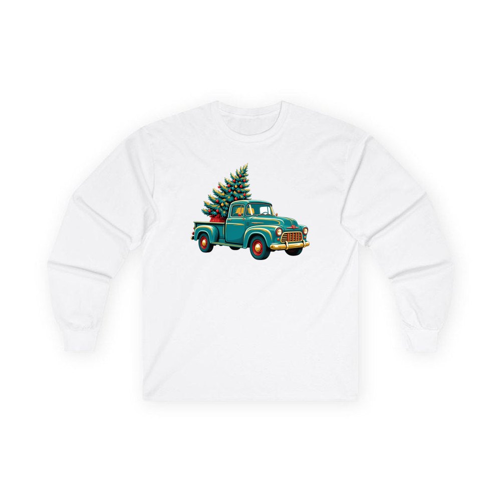 Retro Pickup With Christmas Tree personalised long sleeve Christmas T-shirt in white