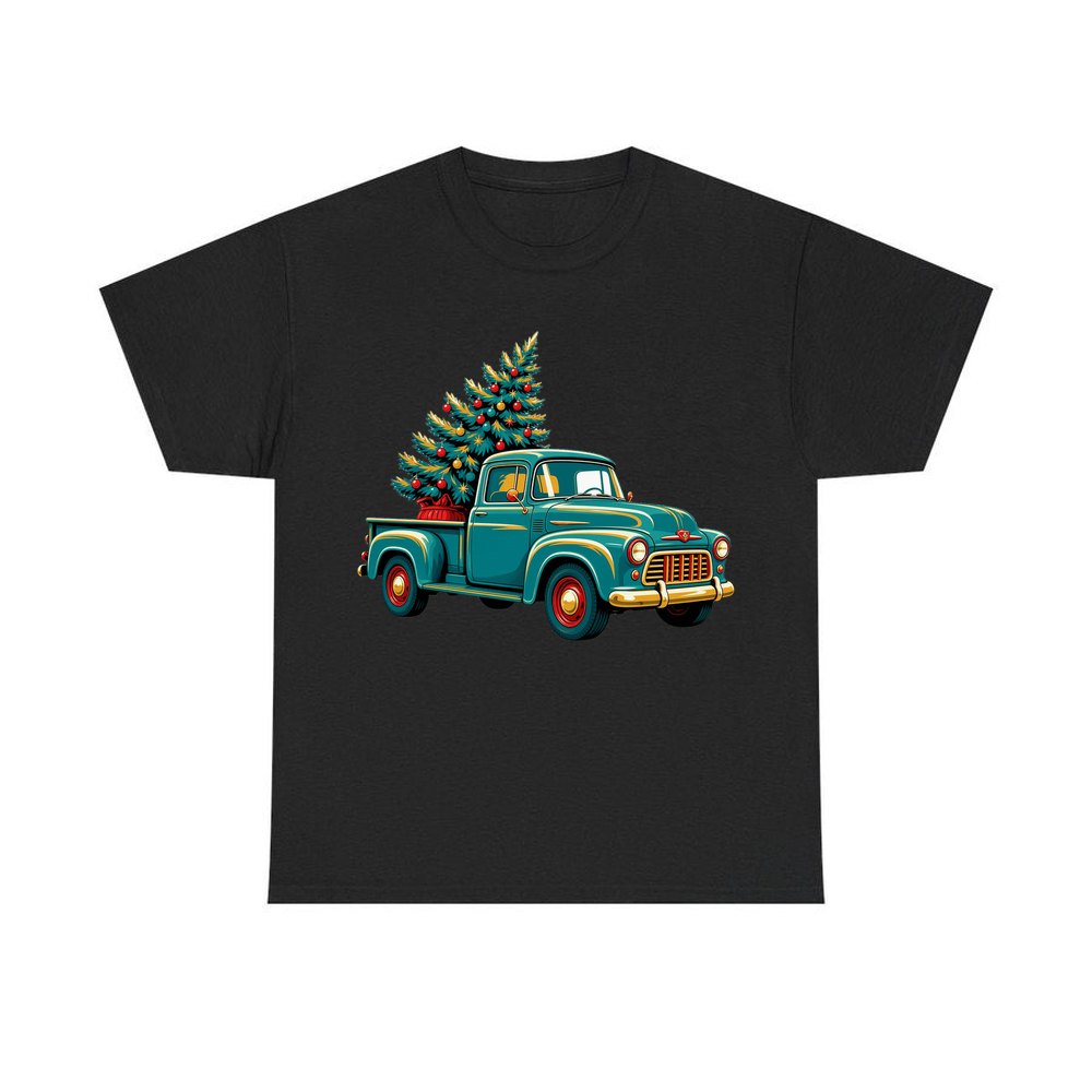 Retro Pickup With Christmas Tree personalised Christmas T-shirt in black
