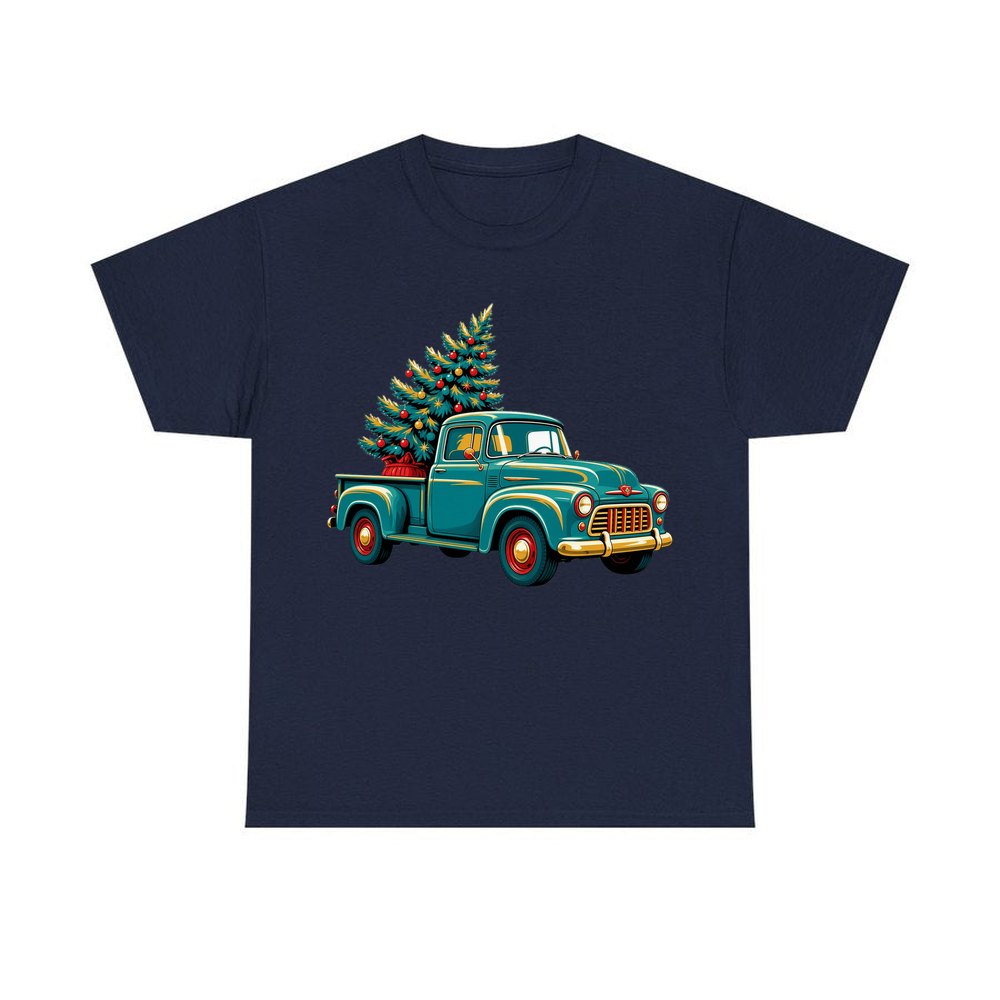 Retro Pickup With Christmas Tree personalised Christmas T-shirt in navy