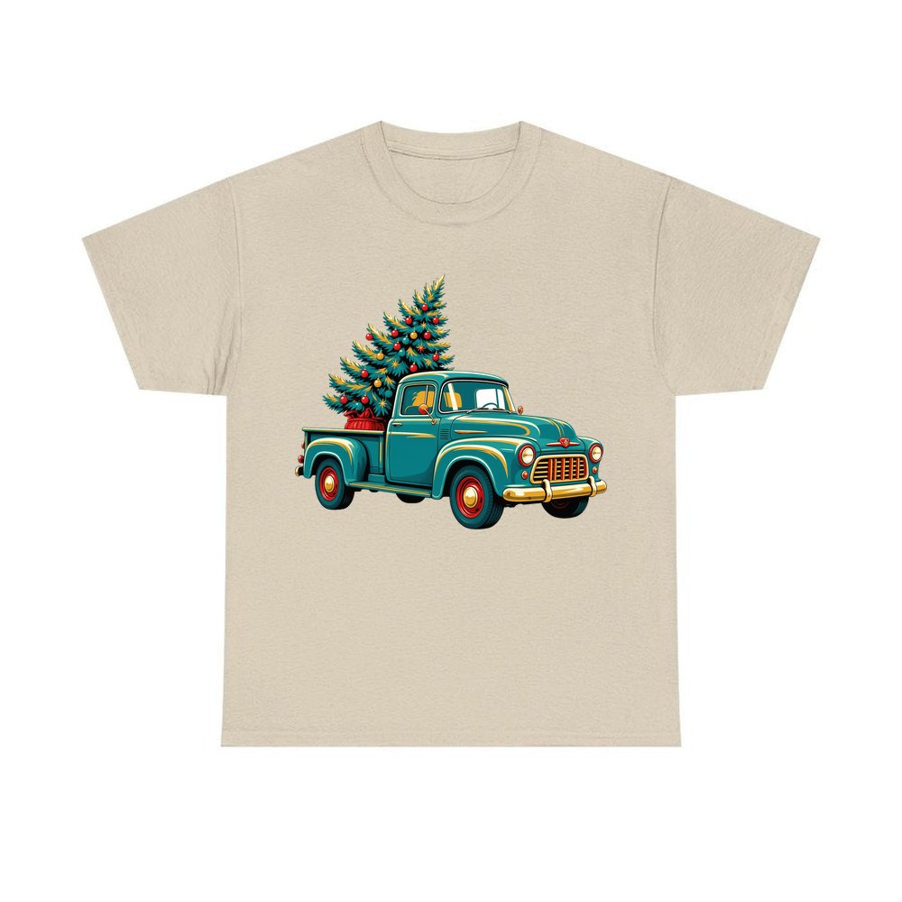 Retro Pickup With Christmas Tree personalised Christmas T-shirt in sand