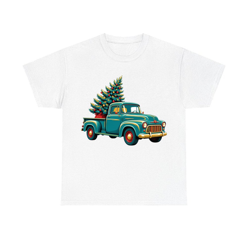Retro Pickup With Christmas Tree personalised Christmas T-shirt in white