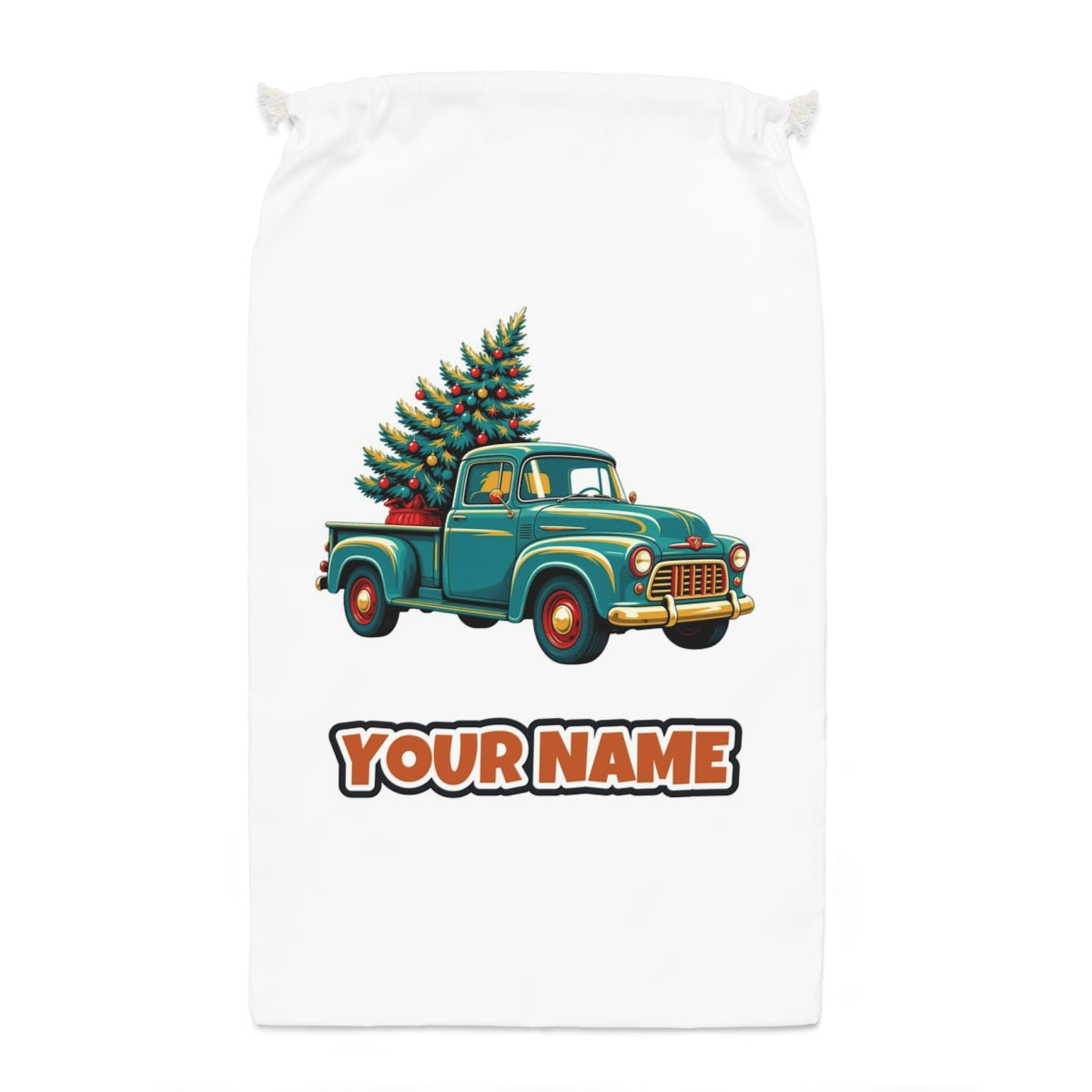Retro Pickup With Christmas Tree Santa sack laid flat, showing the full print