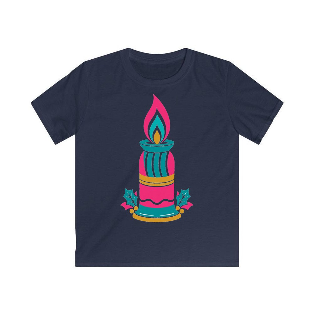 Retro Pink Christmas Candle personalised kids Christmas tee in navy