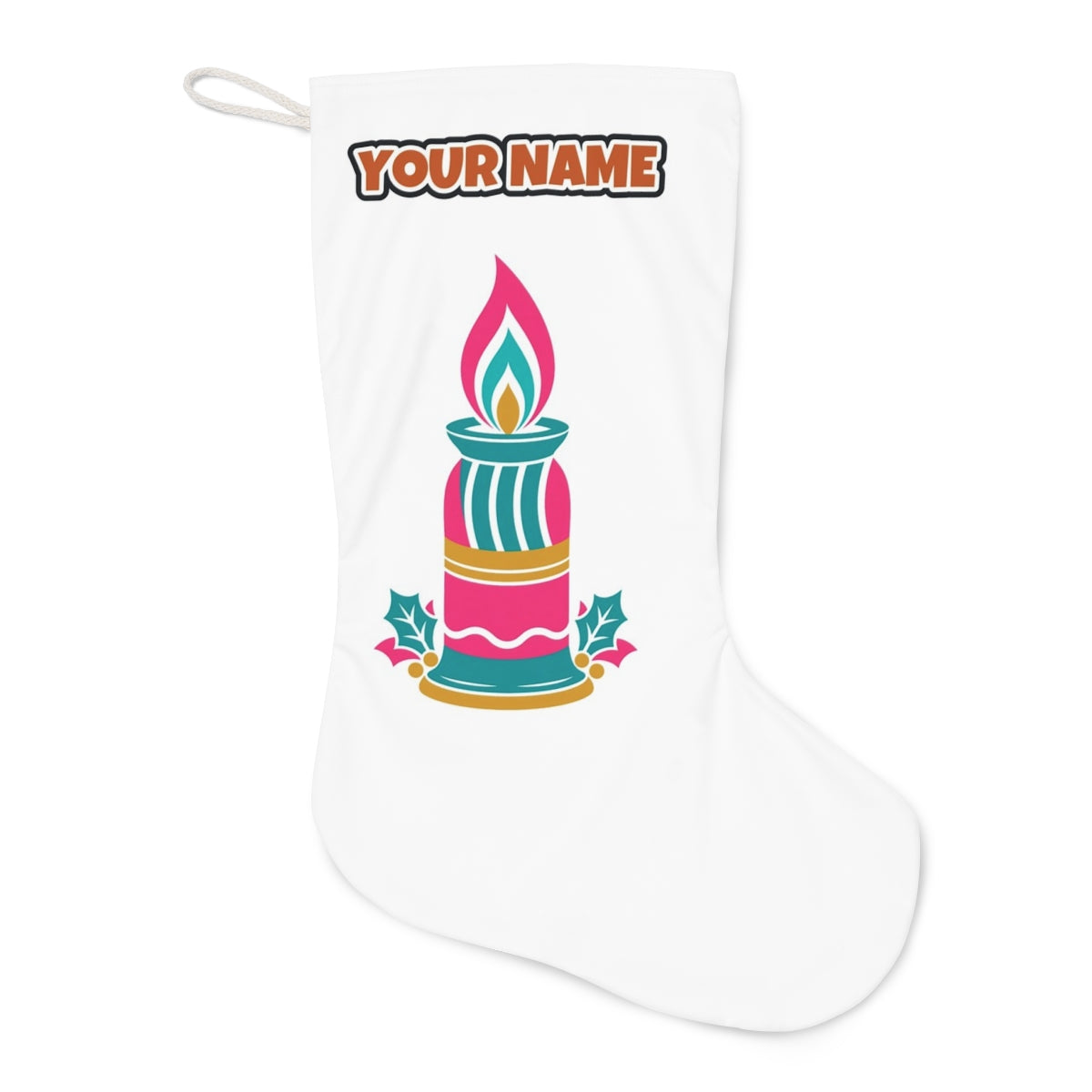Retro Pink Christmas Candle Christmas stocking laid flat, showing the full print