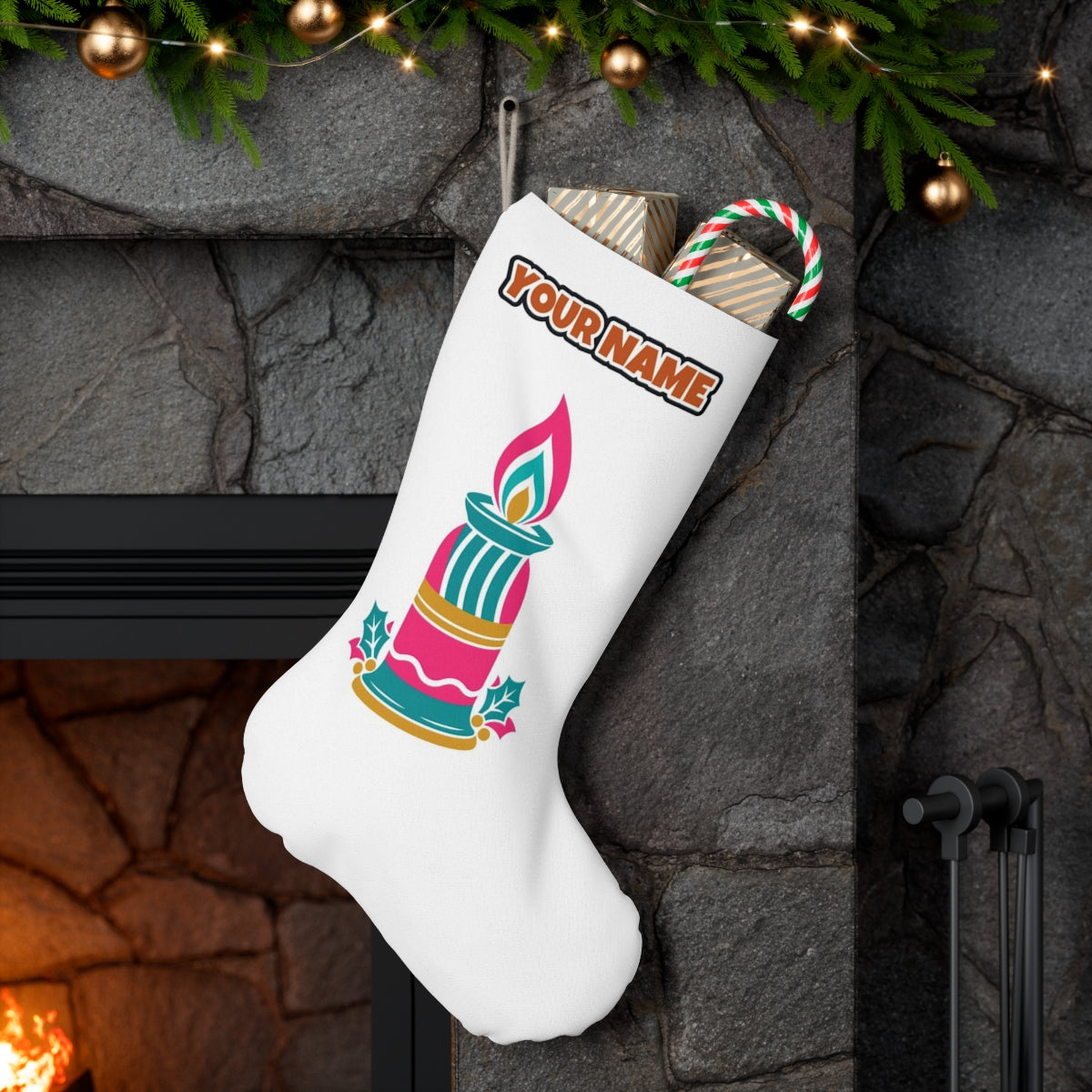Retro Pink Christmas Candle personalised Christmas stocking hanging on a mantel