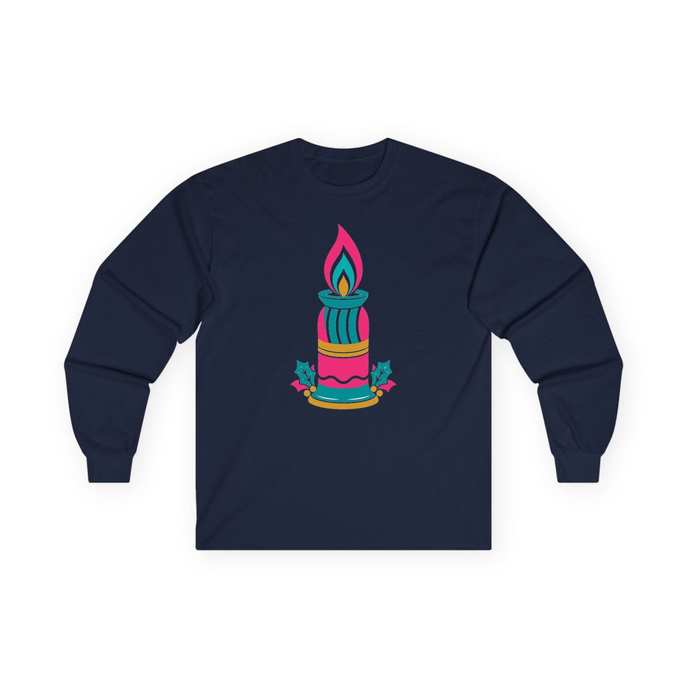 Retro Pink Christmas Candle personalised long sleeve Christmas T-shirt in navy