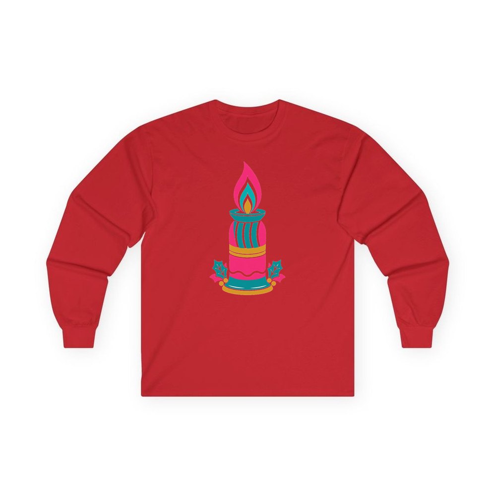 Retro Pink Christmas Candle personalised long sleeve Christmas T-shirt in red