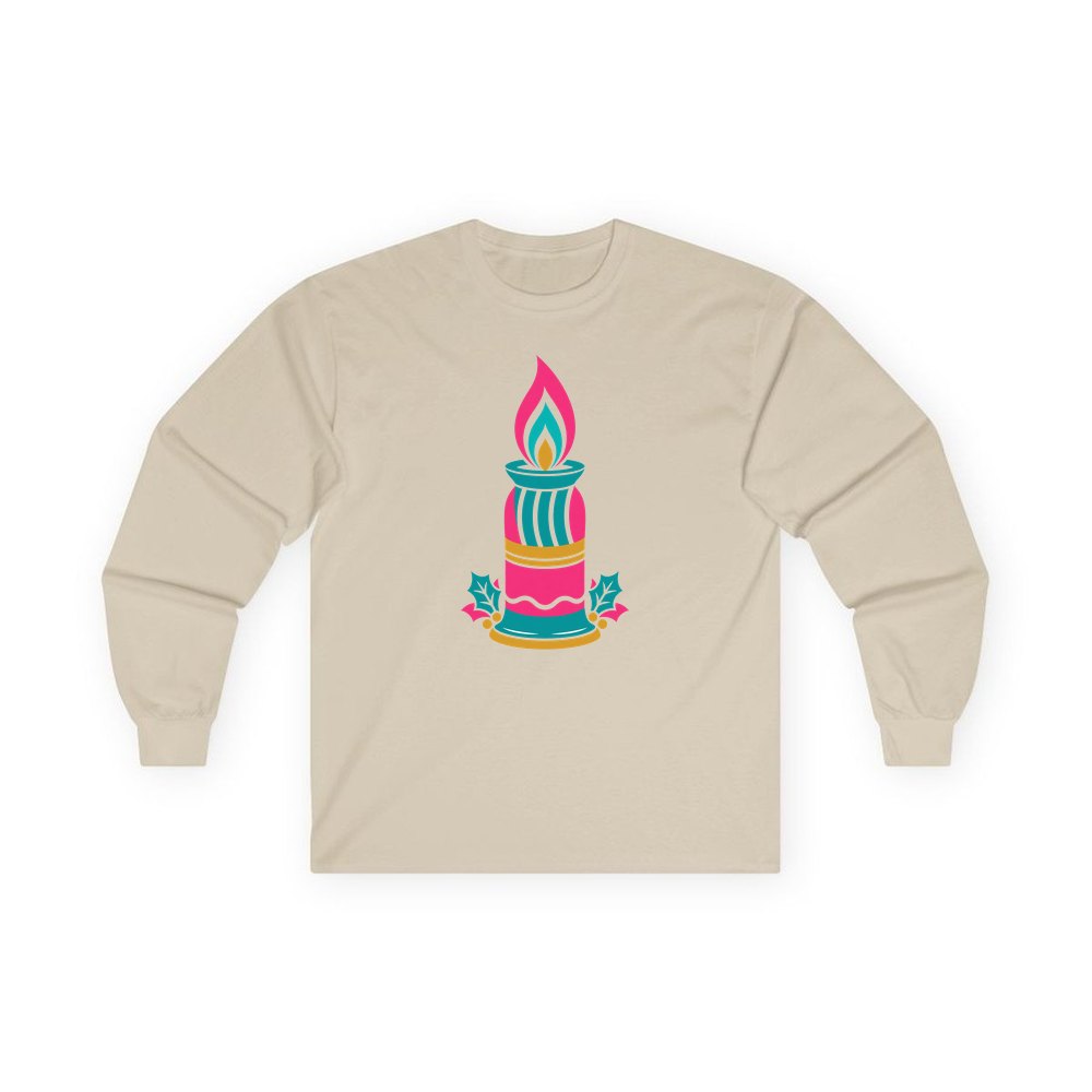 Retro Pink Christmas Candle personalised long sleeve Christmas T-shirt in sand
