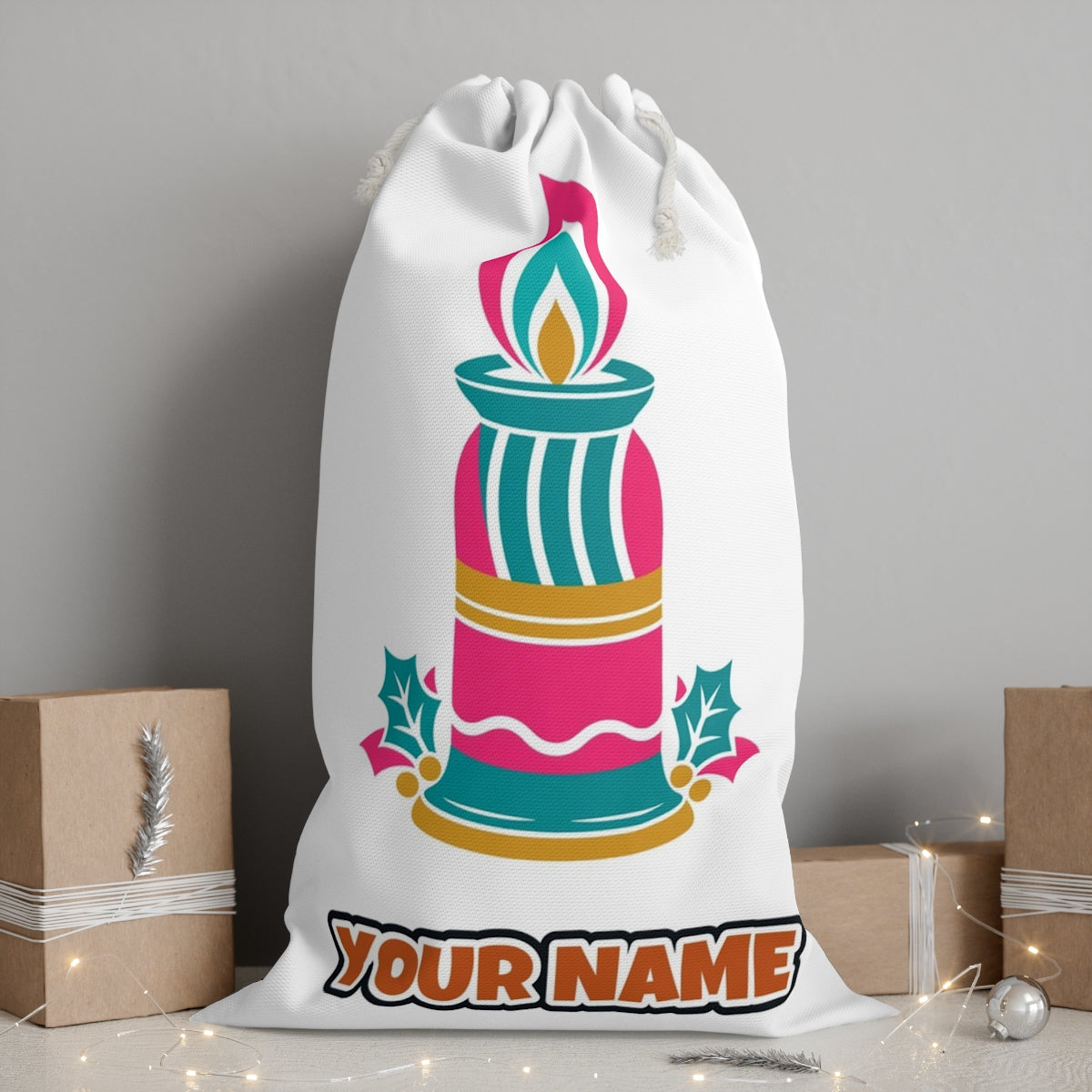 Retro Pink Christmas Candle personalised Santa sack, white, with the name printed under the artwork
