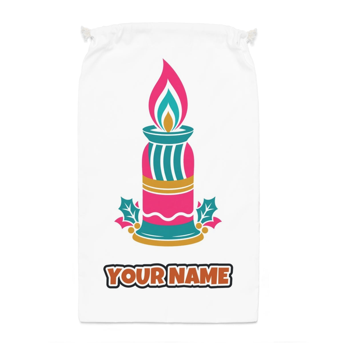 Retro Pink Christmas Candle Santa sack laid flat, showing the full print