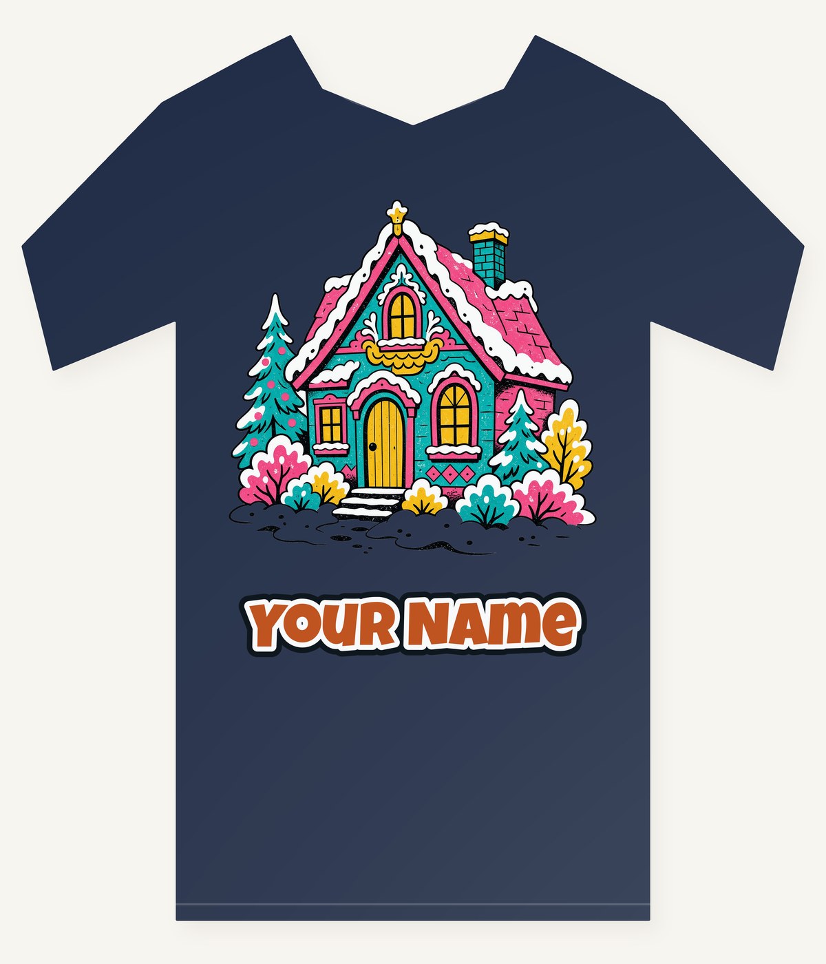 Retro Pink Christmas Cottage Personalised Kids Tee and Baby Bodysuit