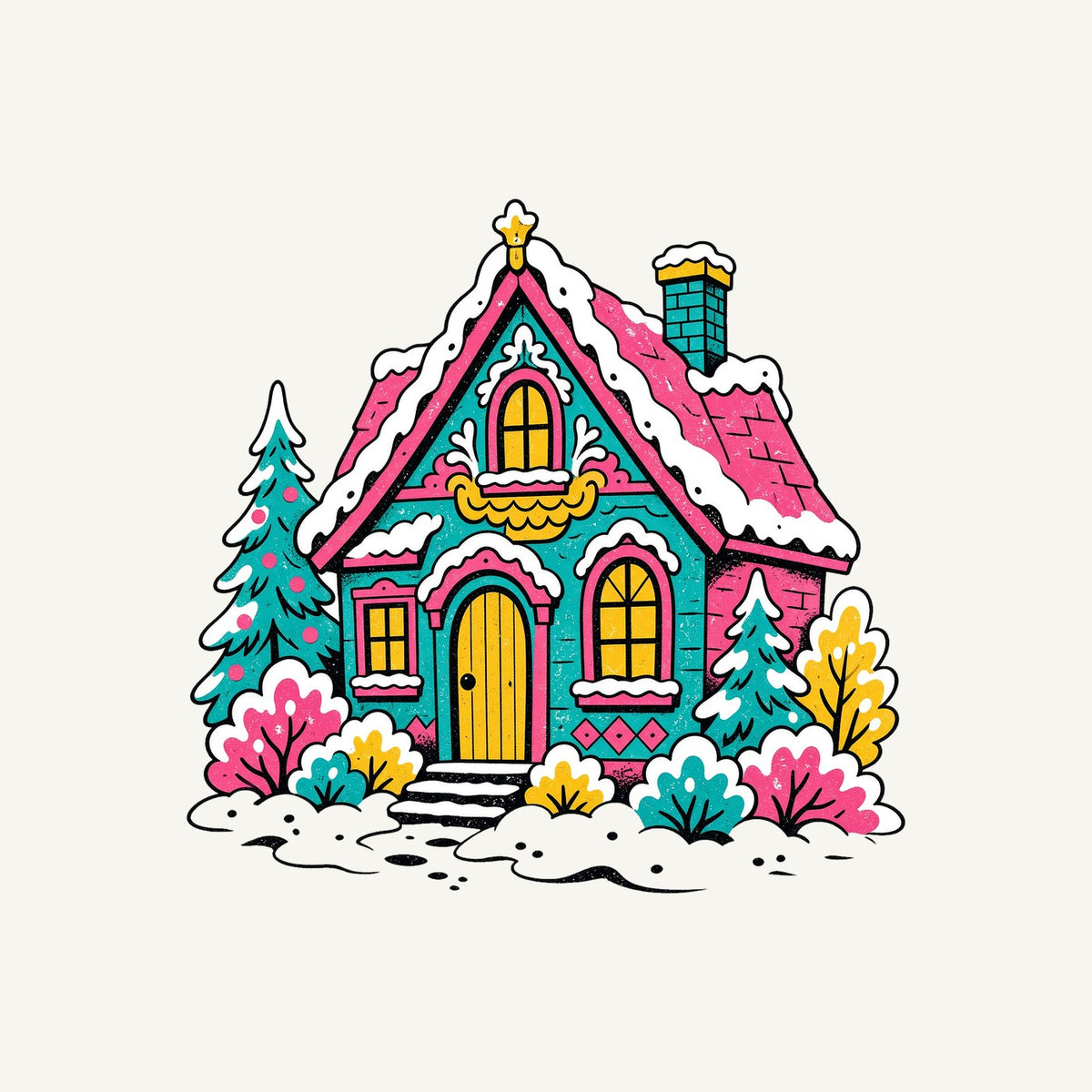 Retro Pink Christmas Cottage Personalised Kids Tee and Baby Bodysuit