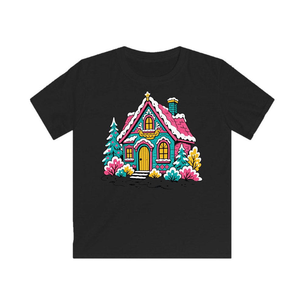 Retro Pink Christmas Cottage personalised kids Christmas tee in black