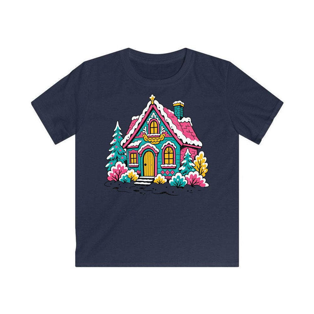 Retro Pink Christmas Cottage personalised kids Christmas tee in navy