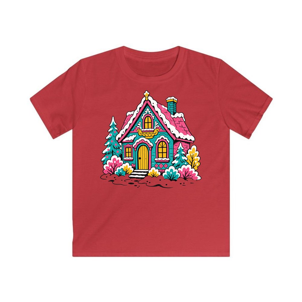 Retro Pink Christmas Cottage personalised kids Christmas tee in red
