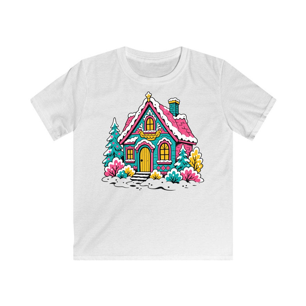 Retro Pink Christmas Cottage personalised kids Christmas tee in white