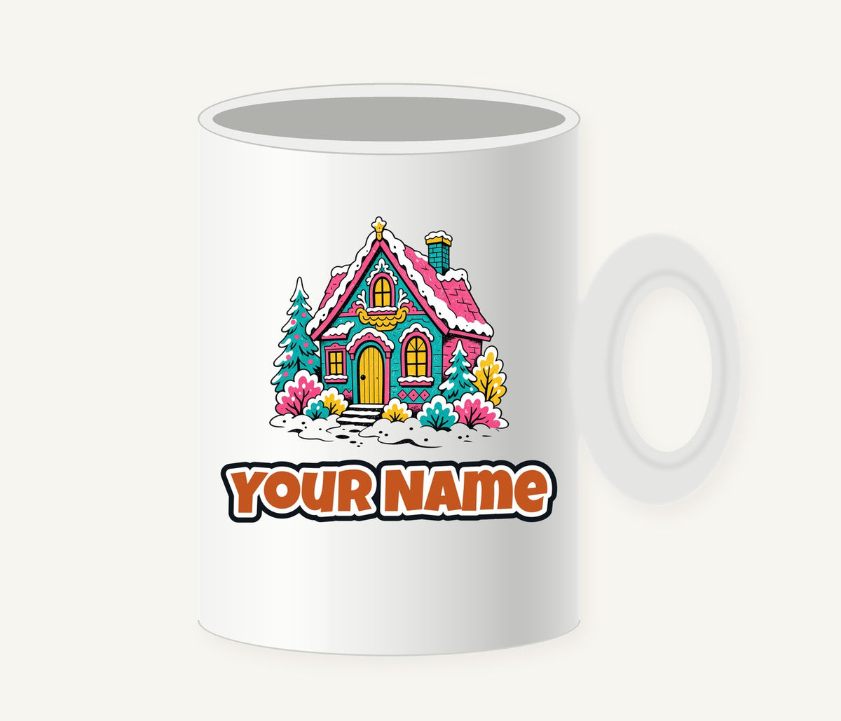 Retro Pink Christmas Cottage Personalised Christmas Mug