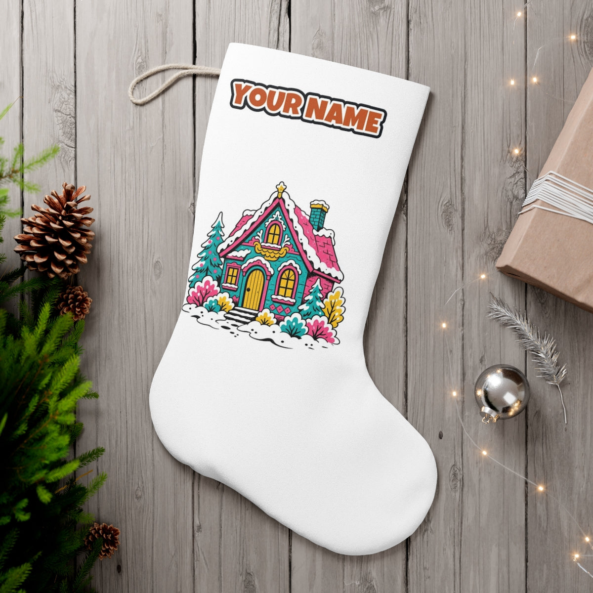 Retro Pink Christmas Cottage personalised Christmas stocking, white, with the name across the top