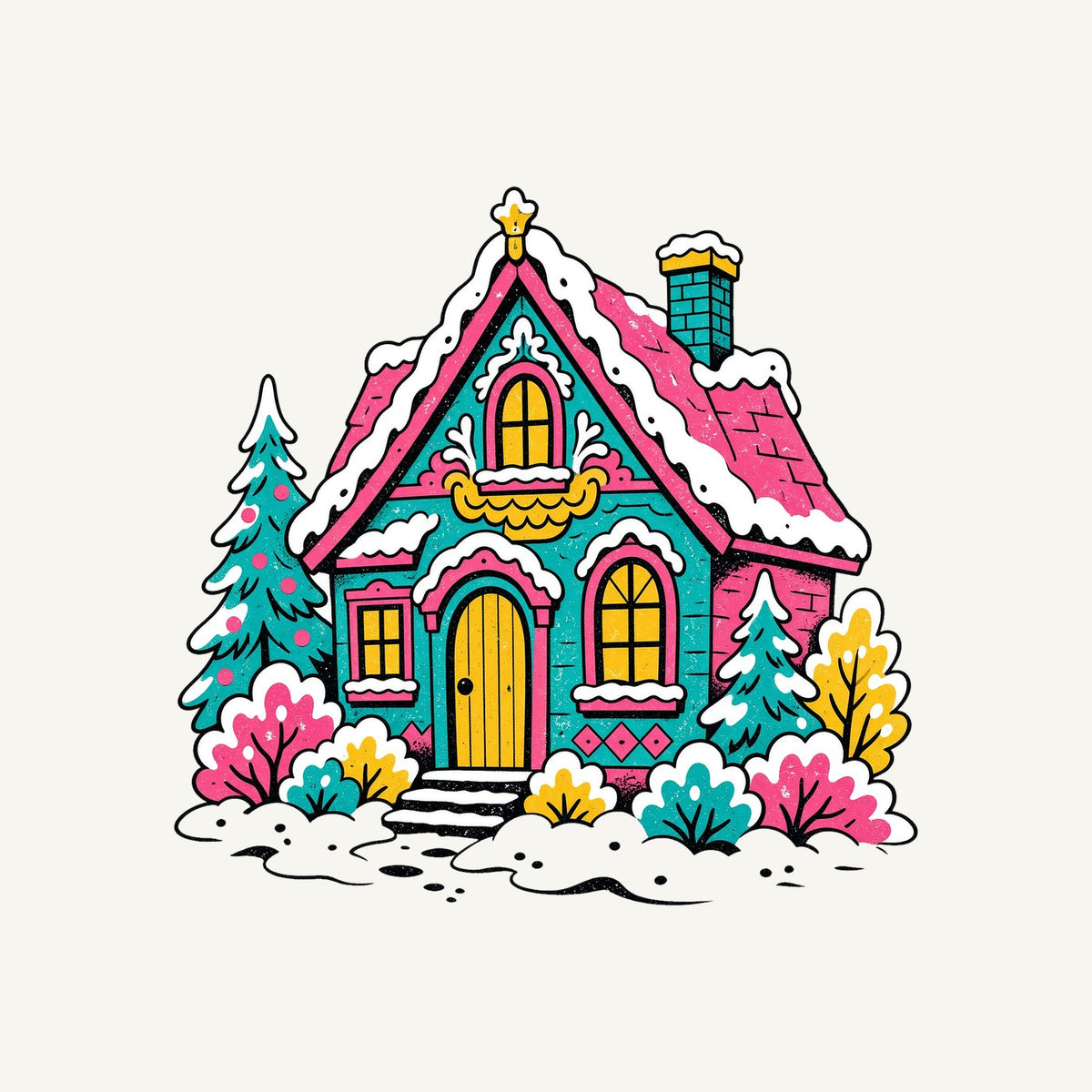 Retro Pink Christmas Cottage Christmas artwork, the design printed on the personalised stocking