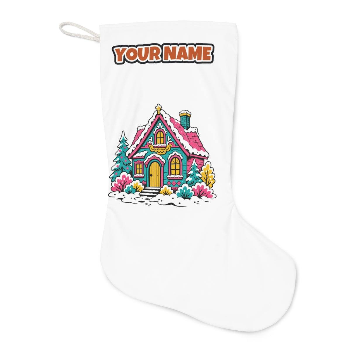 Retro Pink Christmas Cottage Christmas stocking laid flat, showing the full print