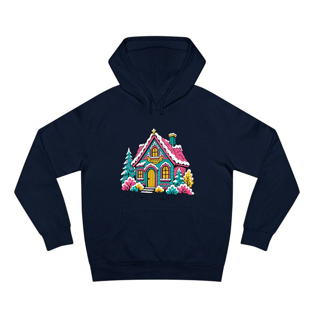 Retro Pink Christmas Cottage personalised Christmas hoodie in navy
