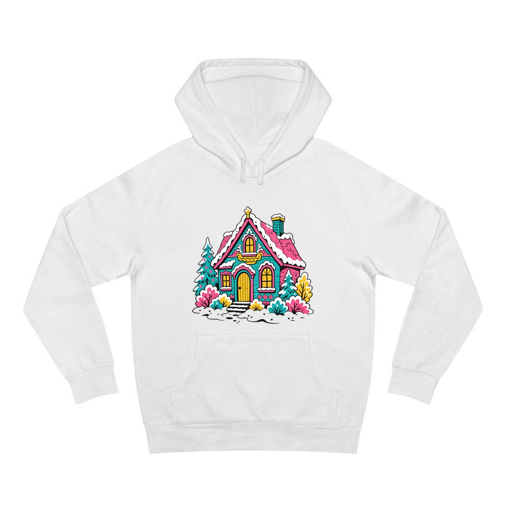 Retro Pink Christmas Cottage personalised Christmas hoodie in white