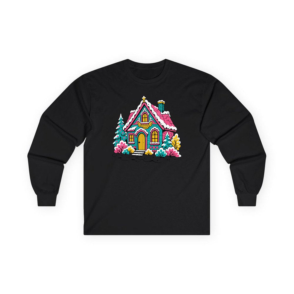 Retro Pink Christmas Cottage personalised long sleeve Christmas T-shirt in black