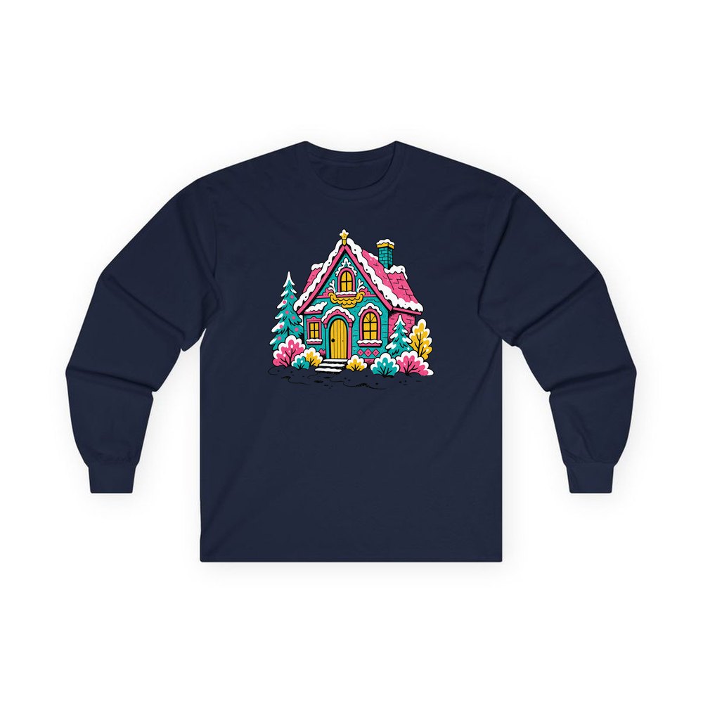 Retro Pink Christmas Cottage personalised long sleeve Christmas T-shirt in navy
