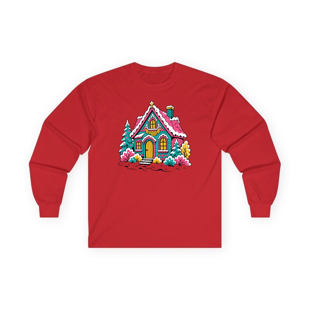 Retro Pink Christmas Cottage personalised long sleeve Christmas T-shirt in red