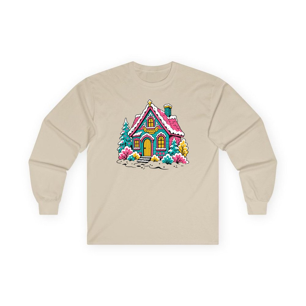 Retro Pink Christmas Cottage personalised long sleeve Christmas T-shirt in sand