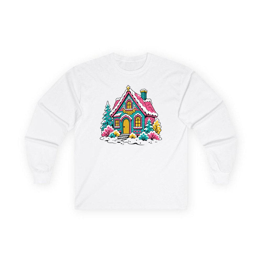 Retro Pink Christmas Cottage personalised long sleeve Christmas T-shirt in white