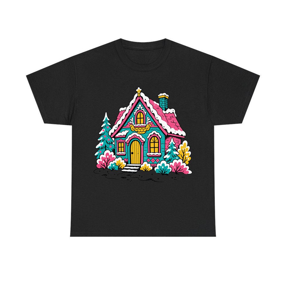 Retro Pink Christmas Cottage personalised Christmas T-shirt in black