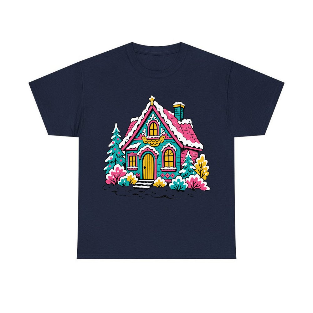 Retro Pink Christmas Cottage personalised Christmas T-shirt in navy