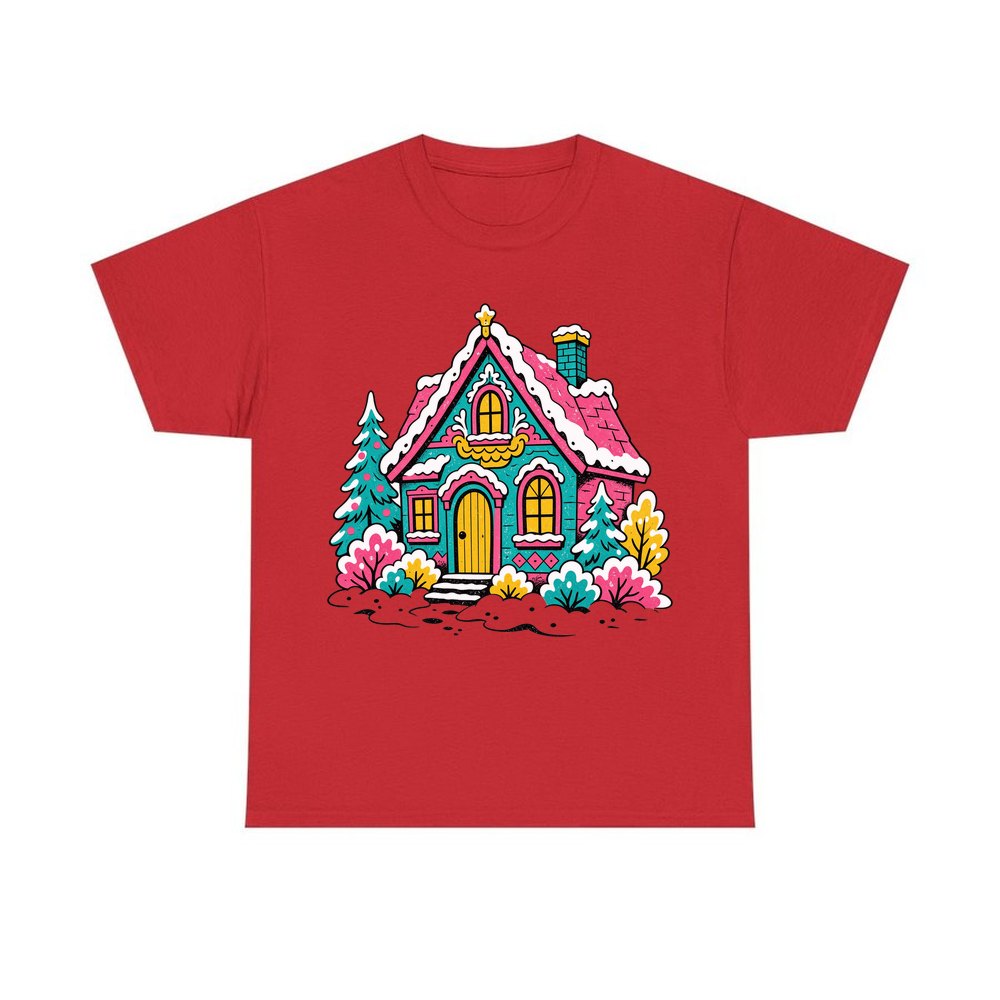 Retro Pink Christmas Cottage personalised Christmas T-shirt in red