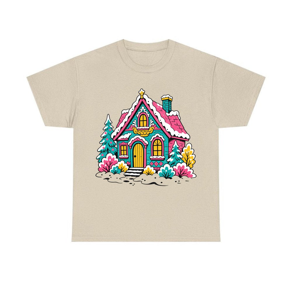 Retro Pink Christmas Cottage personalised Christmas T-shirt in sand