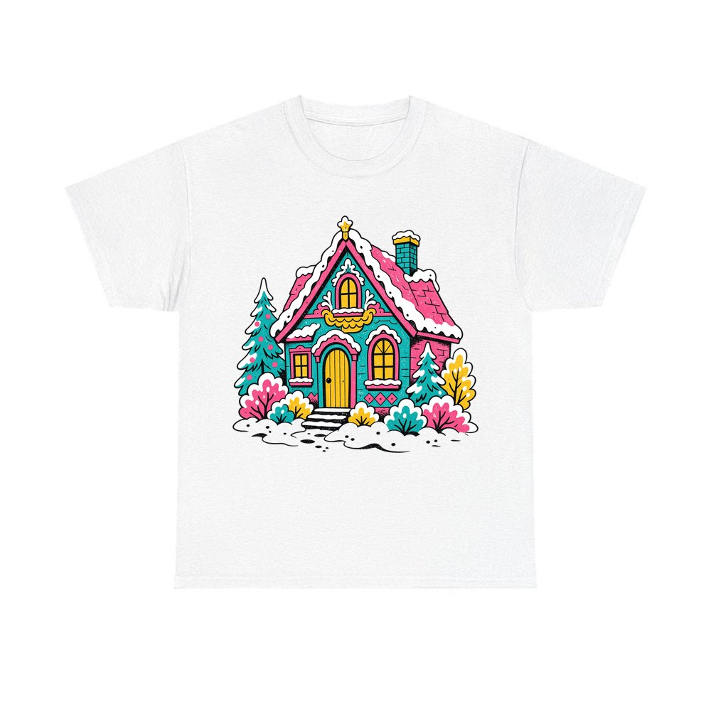 Retro Pink Christmas Cottage personalised Christmas T-shirt in white