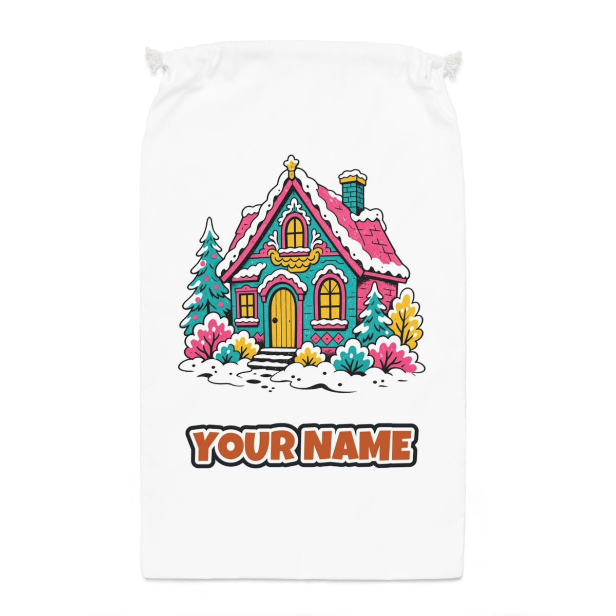 Retro Pink Christmas Cottage Santa sack laid flat, showing the full print