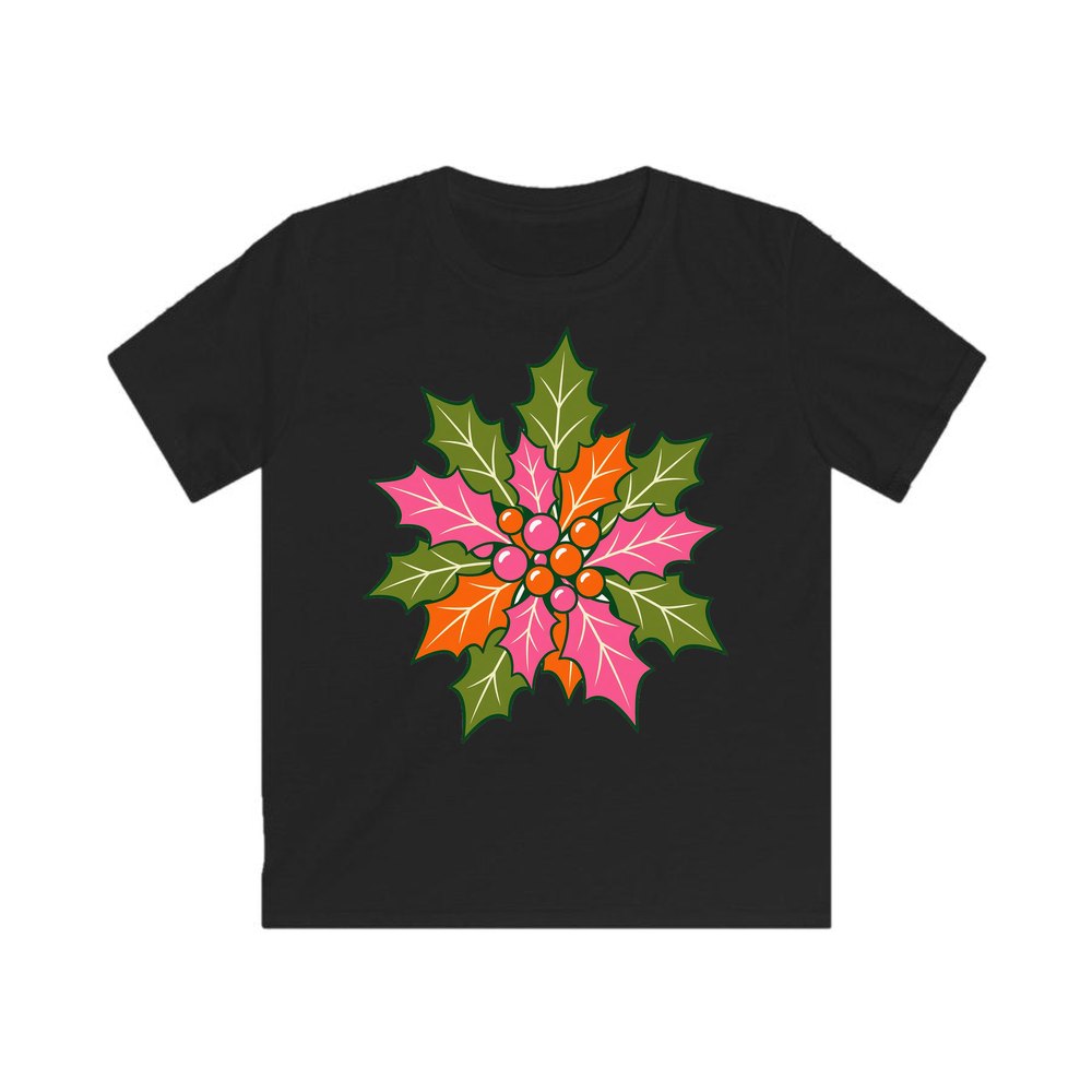 Retro Pink Holly Leaves personalised kids Christmas tee in black