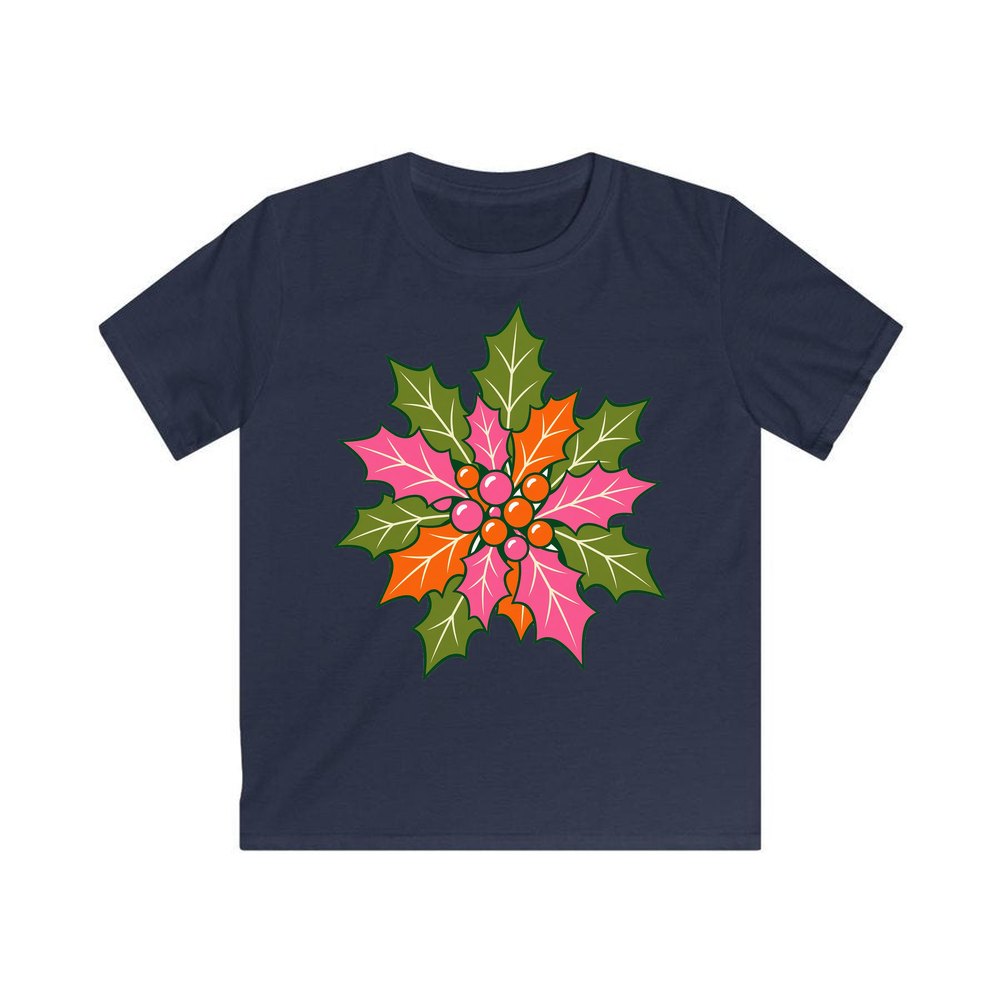 Retro Pink Holly Leaves personalised kids Christmas tee in navy