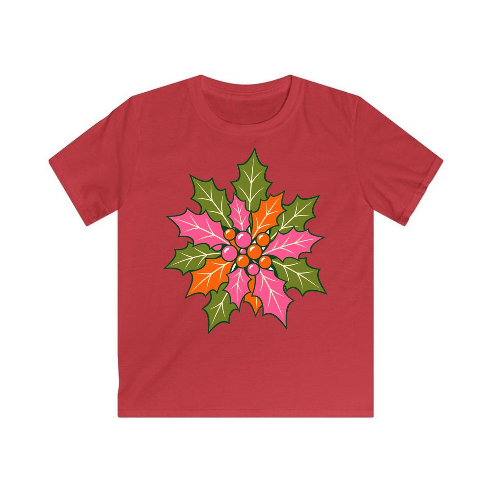 Retro Pink Holly Leaves personalised kids Christmas tee in red