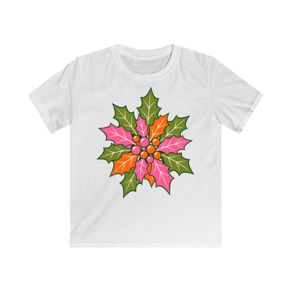 Retro Pink Holly Leaves personalised kids Christmas tee in white