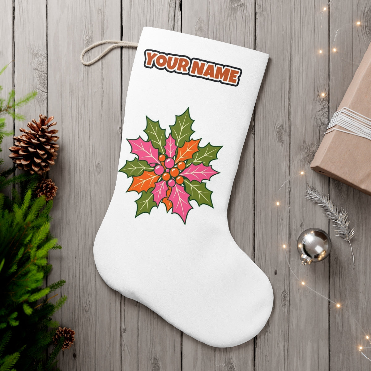Retro Pink Holly Leaves personalised Christmas stocking, white, with the name across the top