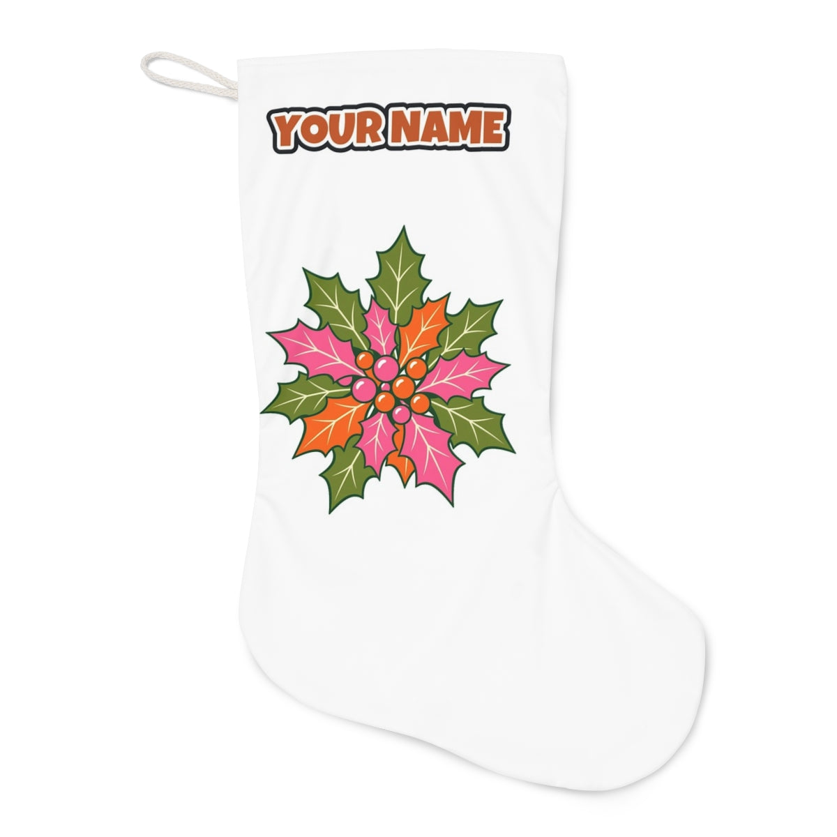 Retro Pink Holly Leaves Christmas stocking laid flat, showing the full print
