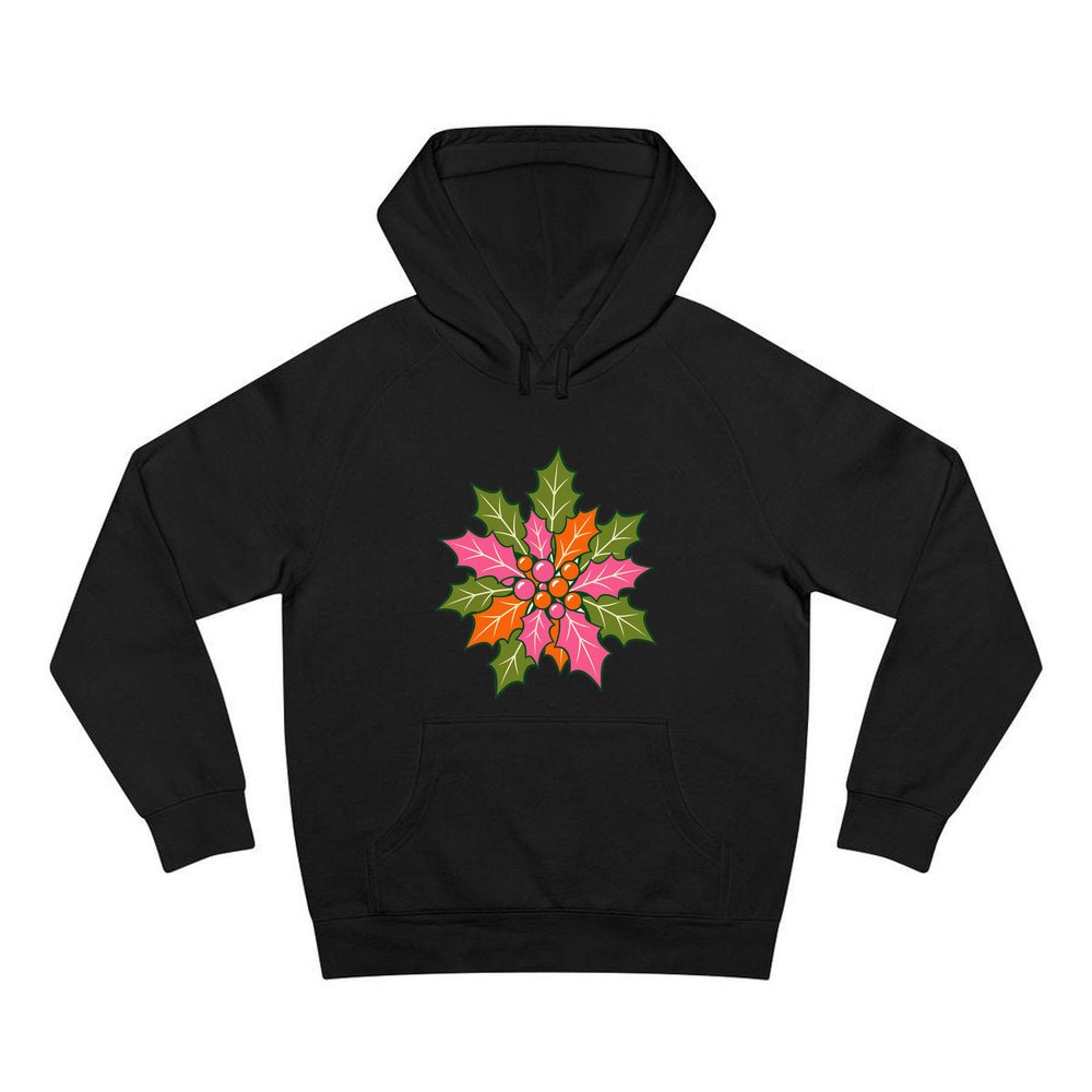 Retro Pink Holly Leaves personalised Christmas hoodie in black