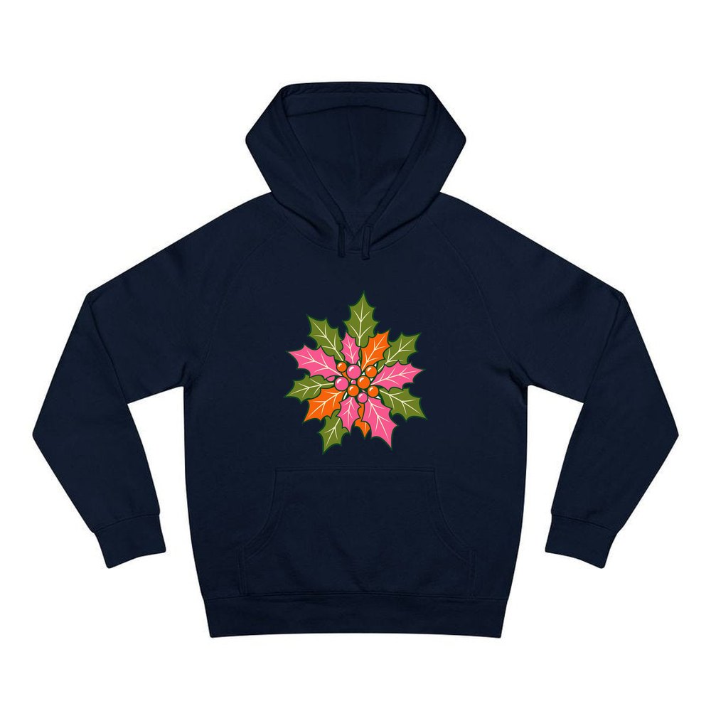 Retro Pink Holly Leaves personalised Christmas hoodie in navy