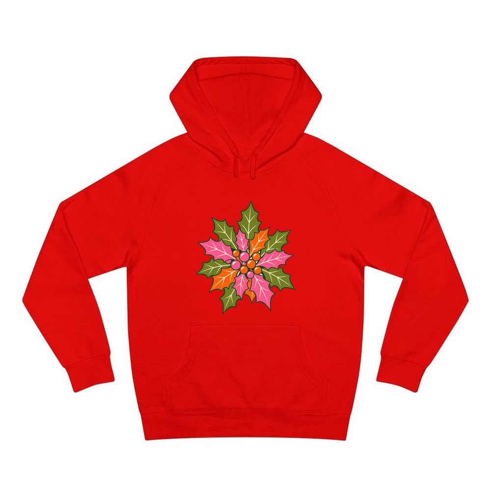 Retro Pink Holly Leaves personalised Christmas hoodie in red