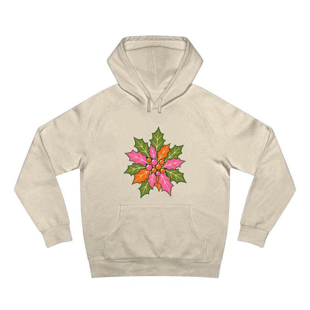 Retro Pink Holly Leaves personalised Christmas hoodie in sand